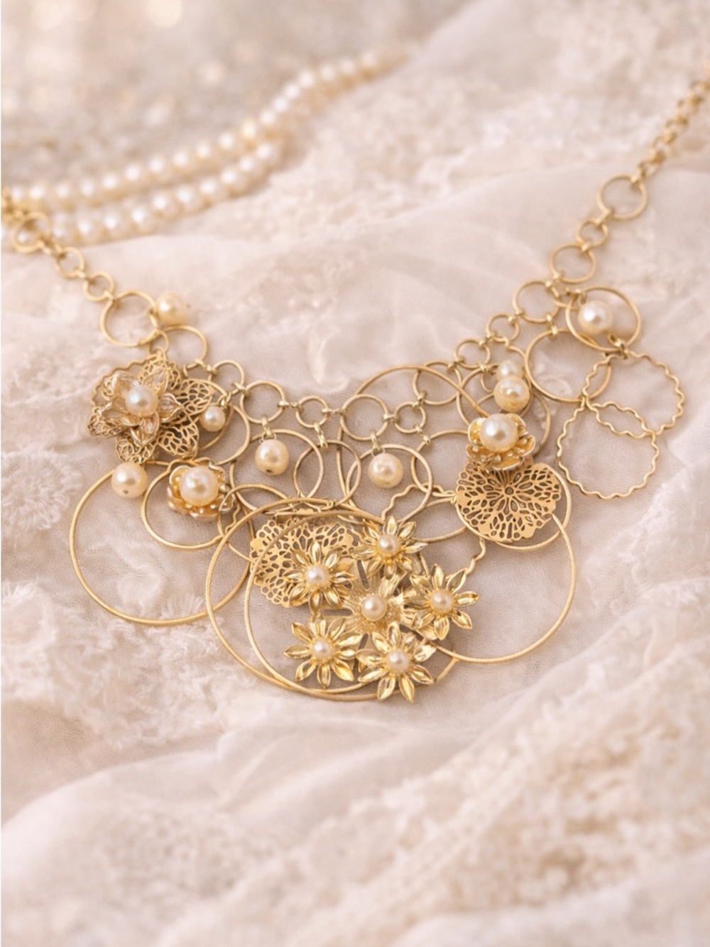Gold Floral Statement Necklace with Pearl Accents
